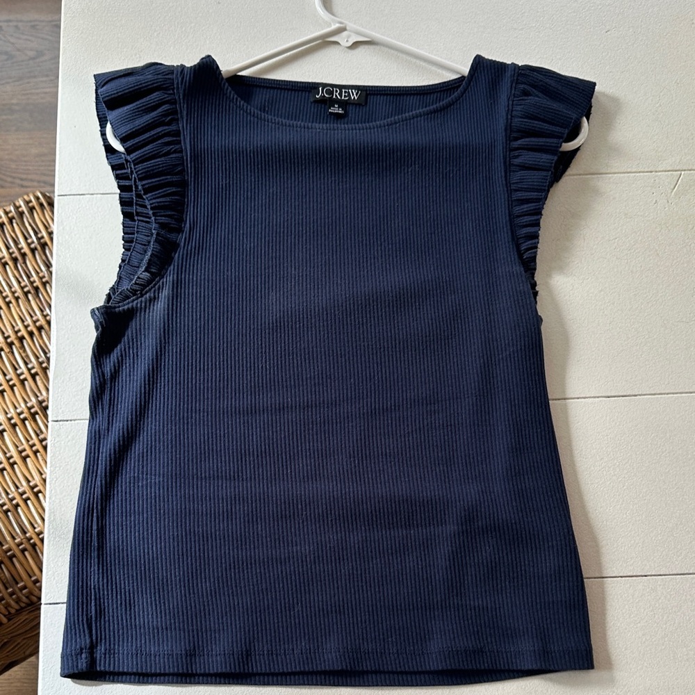 J. Crew Dark Blue Ruffle Sleeve Tank Top